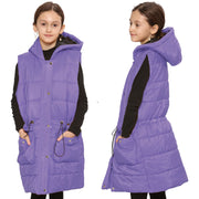 A2Z Kids Girls Down Vest Fashion Oversized Lilac Hooded Quilted Gilet Padded Long Line Vest Jacket Long Sleeveless Coat Urban Winter Wear Age 7-13 Years