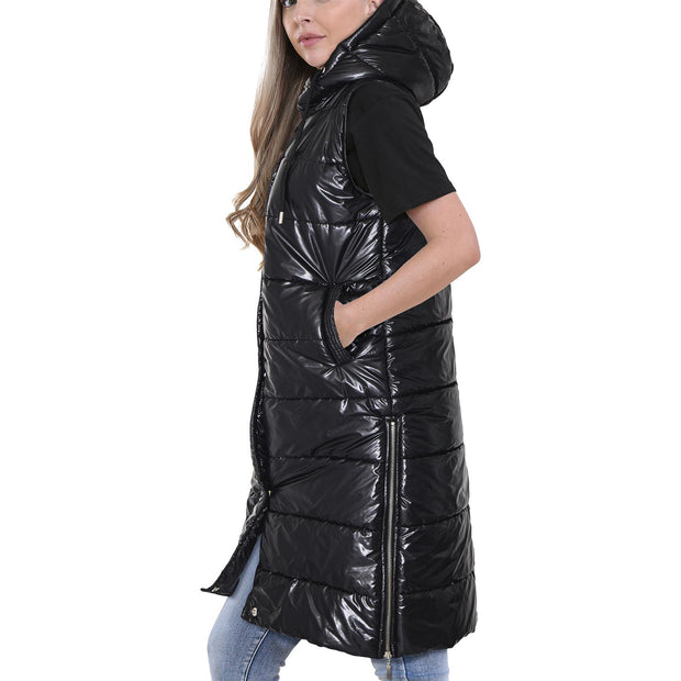 A2Z Ladies Adults Sleeveless Gilet Oversized Wet Look Hooded Quilted Gilet Padded Long Line Vest Jacket Sleeveless Coat Urban Winter Wear