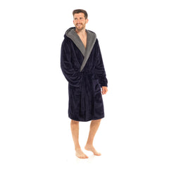 Mens Flannel Fleece Hooded Dressing Gown Sherpa Lined Robe with Belt & Pockets