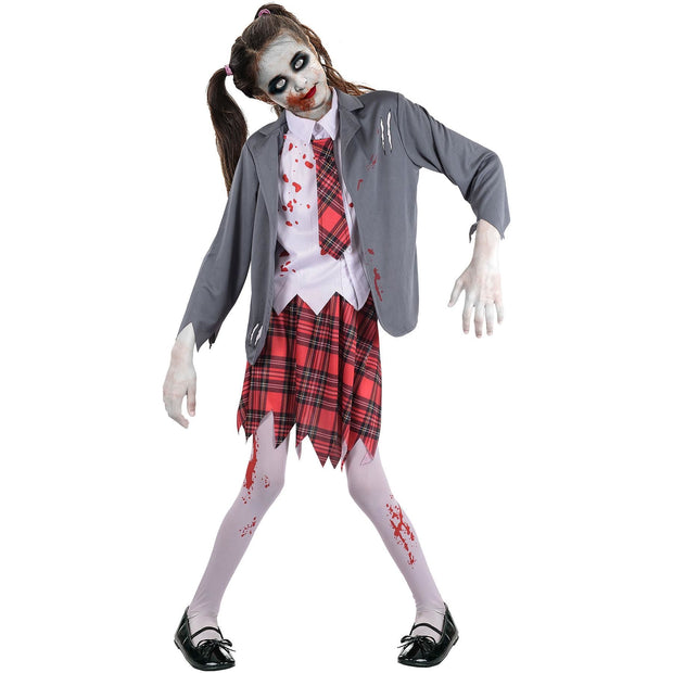 A2Z 4 Kids Girls Top Zombie School Girls Attire Lapel Collar Top & Trouser Set With Necktie Halloween Zombie Set - A2Z 4 Kids