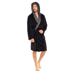 Mens Flannel Fleece Hooded Dressing Gown Sherpa Lined Robe with Belt & Pockets