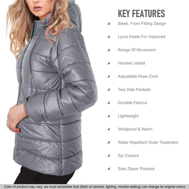 A2Z Mens Ladies Hooded Silver Zipped Puffer Jacket Steel Grey Padded Long Sleeves Jacket Fashion Coat Gift For Adults S-XXL