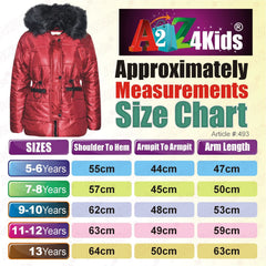 Kids Girls Jackets Puffer Hooded Detachable Faux Fur Wet Look Padded Long Coats