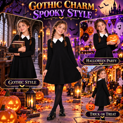 Kids Girls Swing Dress Long Sleeves Flared Gothic School Girl Uniform Dresses