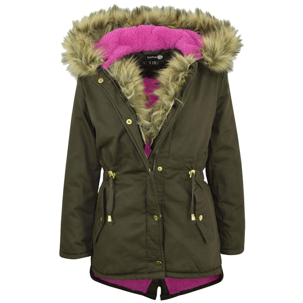 Kids Hooded Jacket Girls Fur Parka School Jackets Outwear Coat 5-13 Years