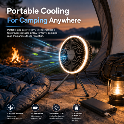 7 Inch USB Desk Fan with LED Light Portable Tripod Stand 3 Speeds Camping Fan