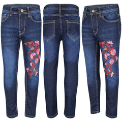 Kids Girls Jeans Embroidered Denim Comfort Stretchy Skinny Pants Age 5-13 Years