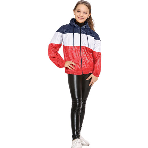 Kids Girls Boys Windbreaker Contrast Color Block Red Hooded Jacket Rainmac Coats