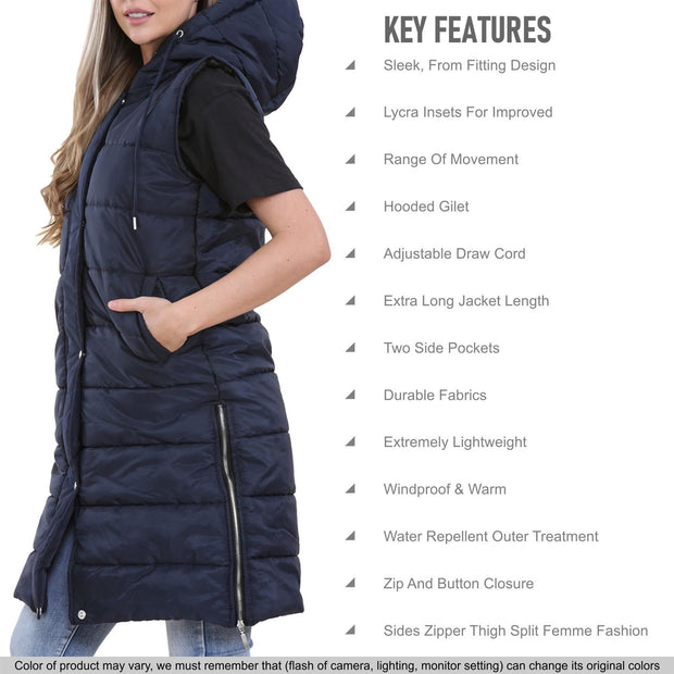 Ladies Sleeveless Gilet Oversized Hooded Quilted Gilet Padded Long Line Coat