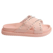 Womens Crossover Strap Slidder With Stud Comfortable Summer Flat Sandals Shoes