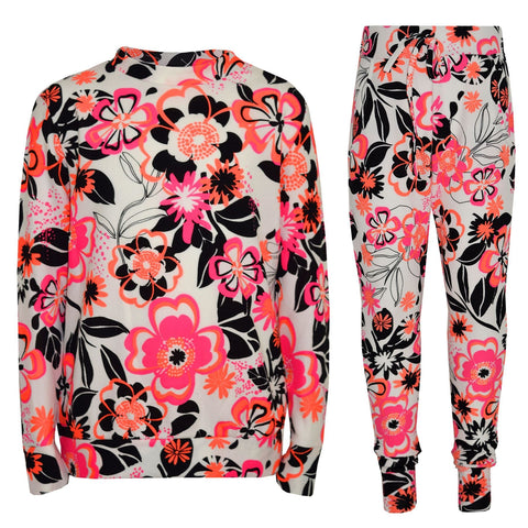 Kids Girls Tracksuit Neon Floral Tropical Print Lounge Suit Bottom Joggers 7-13