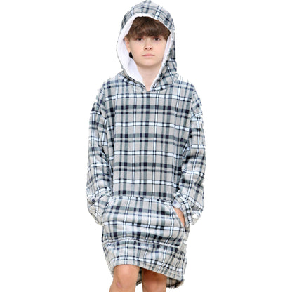Kids Girls Boys Oversized Hoodie Blue Tartan Printed Snuggle Soft Fleece Blanket