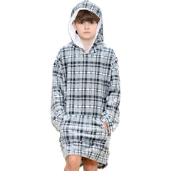 Kids Girls Boys Oversized Hoodie Blue Tartan Printed Snuggle Soft Fleece Blanket