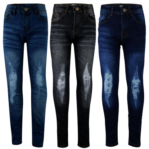 Kids Boys Stretchy Jeans Knee Ripped Denim Skinny Bikers Pants Slim Trouser 5-13