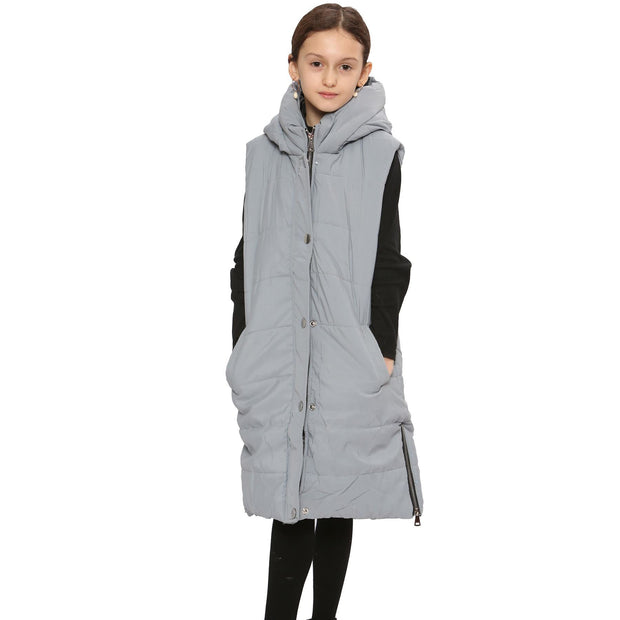 A2Z Kids Girls Down Vest Fashion Oversized Grey Hooded Quilted Gilet Padded Long Line Vest Jacket Long Sleeveless Coat Urban Winter Weae