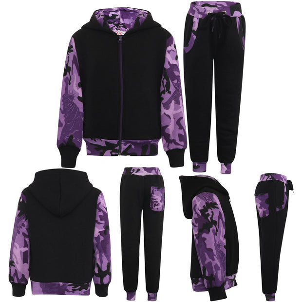 A2Z 4 Kids Girls Plain And Camo Purple Print Fleece Tracksuit Contrast Hoodie With Joggers Jogging Suit Sweatpants Gymwear Activewear Set Childrens Age 2 3 4 5 6 7 8 9 10 11 12 13 Years