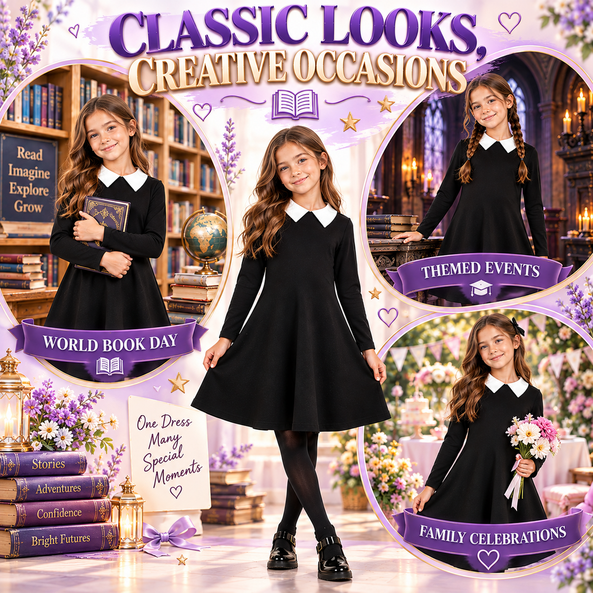 Kids Girls Swing Dress Long Sleeves Flared Gothic School Girl Uniform Dresses