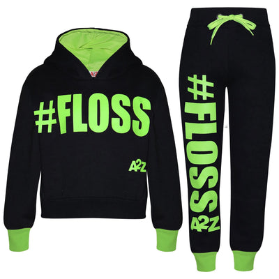 A2Z 4 Kids Girls Tracksuit Designer's #Floss Print Fleece Black & Neon Green Hooded Crop Top Bottom Jogging Suit Joggers Age 5 6 7 8 9 10 11 12 13 Years