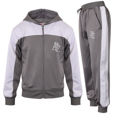 A2Z 4 Kids Girls Boys Unisex Tracksuit A2Z Embroidered Contrast Panelled Steel Grey Fleece Hooded Hoodie Top Bottom School PE Jogging Suit Joggers