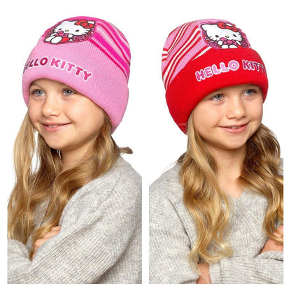 Hello Kitty Girls Pink Red Winter Beanie Hats 2 Pack Embroidered Acrylic