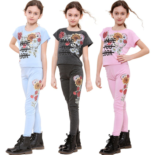 Girls Top Kids Short sleeves Made You Look Print Crop Top & Legging Set 5-13 Yrs