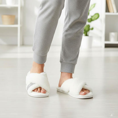 Women Crossover Slippers With Cozy Fur Memory Foam Fluffy Comfortable Sliders