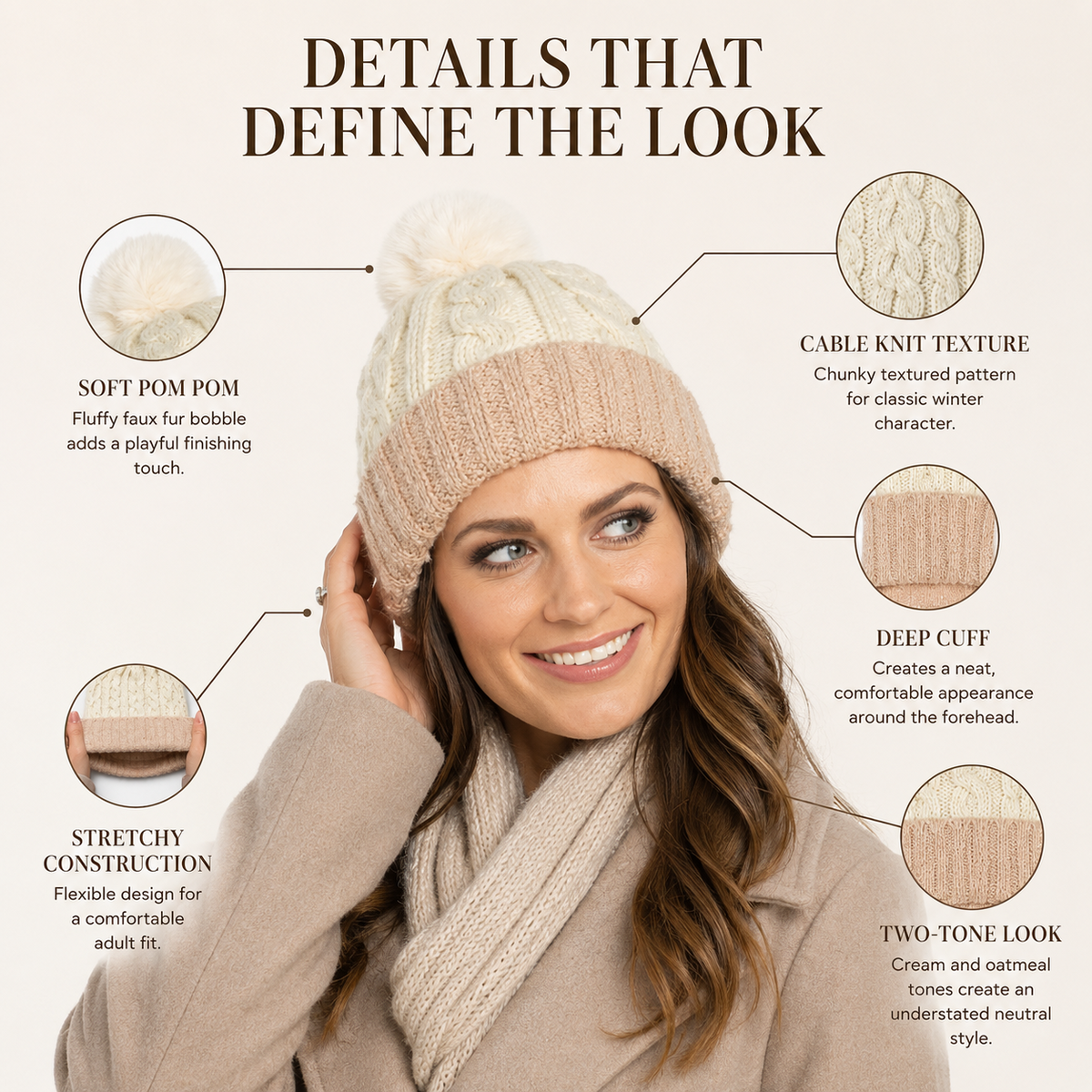 A2Z Ladies Hats Cable Chunky Bobble Knit Pom Pom Winter Warm Cozy Women Caps