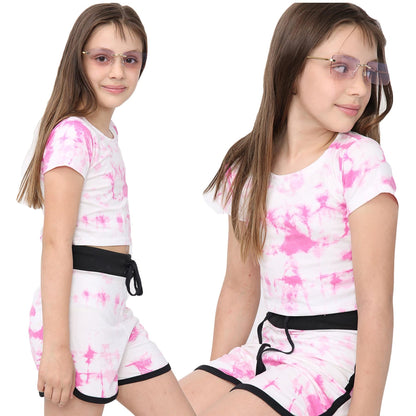 Kids Tie Dye Crop Top & Shorts Set Active Wear Summer Girls Boys Age 5-13 years