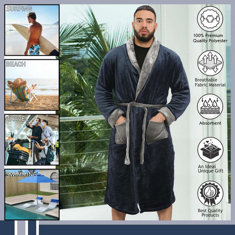Adults Fleece Bathrobe Navy Dressing Gown Soft Changing Robe Ladies Gents Gift
