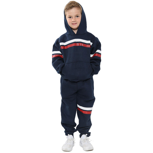 A2Z 4 Kids Girls Boys Tracksuit Designer's Plain Navy Contrast With Red & White Stripes Fleece Hooded Hoodie Top Bottom Workout Running Jogging Suit Gymwear Joggers Age 5 6 7 8 9 10 11 12 13 Years