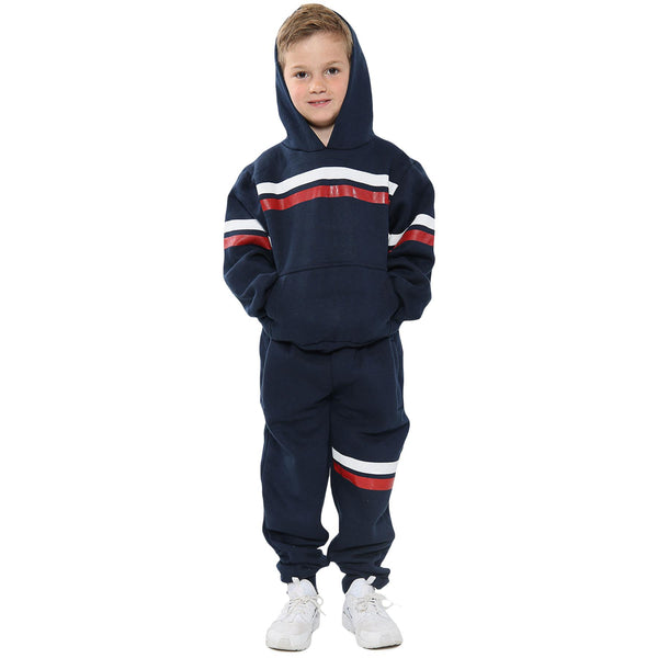 A2Z 4 Kids Girls Boys Tracksuit Designer's Plain Navy Contrast With Red & White Stripes Fleece Hooded Hoodie Top Bottom Workout Running Jogging Suit Gymwear Joggers Age 5 6 7 8 9 10 11 12 13 Years