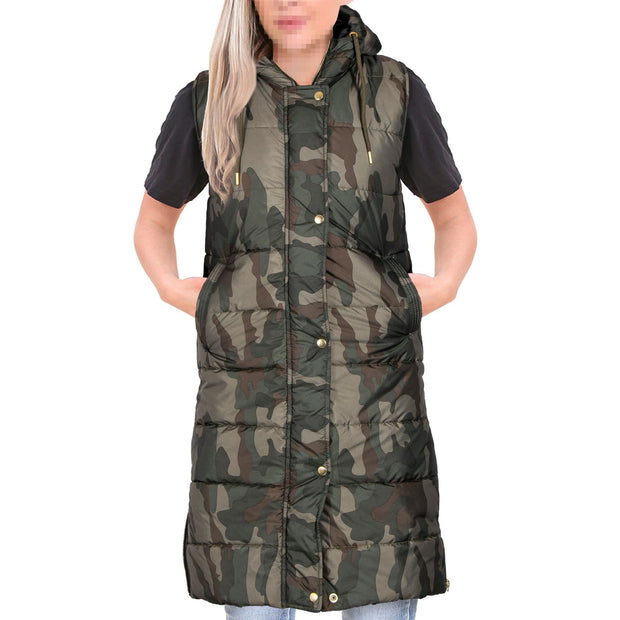 A2Z Ladies Adults Sleeveless Gilet Oversized Hooded Camo Green Quilted Gilet Padded Long Line Vest Jacket Sleeveless Coat Urban Winter Wear