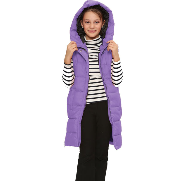 A2Z Kids Girls Down Vest Fashion Oversized Lilac Hooded Quilted Gilet Padded Long Line Vest Jacket Long Sleeveless Coat Urban Winter Wear