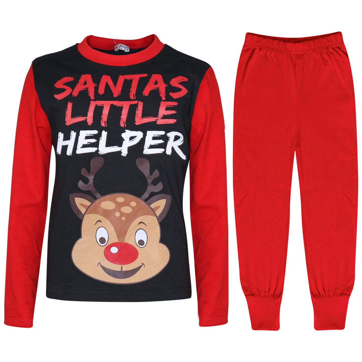 Kids Girls Boys Pyjamas Santas Little Helper Reindeer Contrast Sleeves Xmas PJS