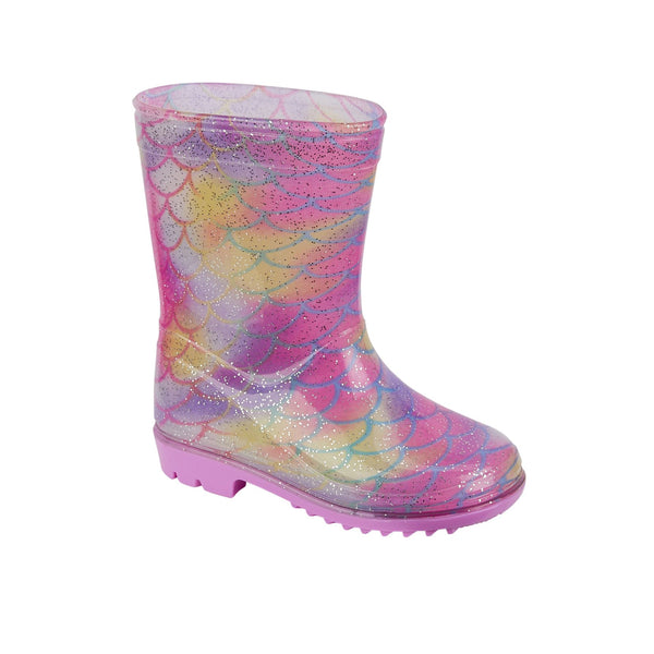 Kids Girls Mermaid Wellies Glitter Rain Boot PVC Waterproof Rainbow Scale Design
