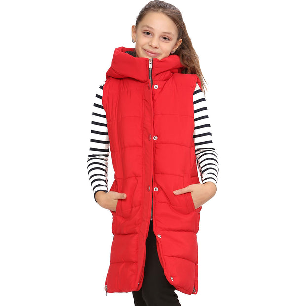 A2Z Kids Girls Down Vest Fashion Oversized Red Hooded Quilted Gilet Padded Long Line Vest Jacket Long Sleeveless Coat Urban Winter Wear