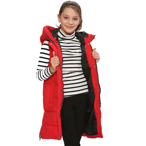 A2Z Kids Girls Down Vest Fashion Oversized Red Hooded Quilted Gilet Padded Long Line Vest Jacket Long Sleeveless Coat Urban Winter Wear