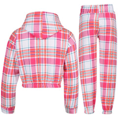 Kids Pink Check Tracksuit Gym Cropped Hoodie Sweatpants Cord Set Girls 5-13 Yr