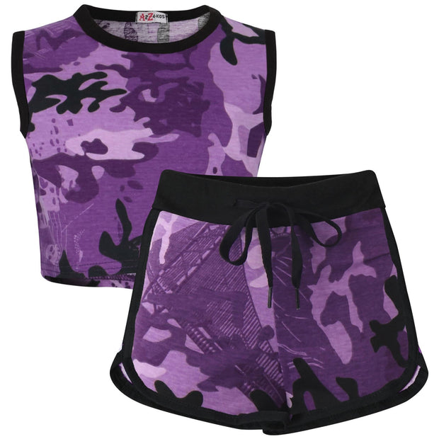 A2Z 4 Kids Girls Shorts Set 100% Cotton Contrast Taped Trendy Fashion Summer Camouflage Purple T Shirt Top and Hot Short Pants Outfit Set New Age 5 6 7 8 9 10 11 12 13 Years