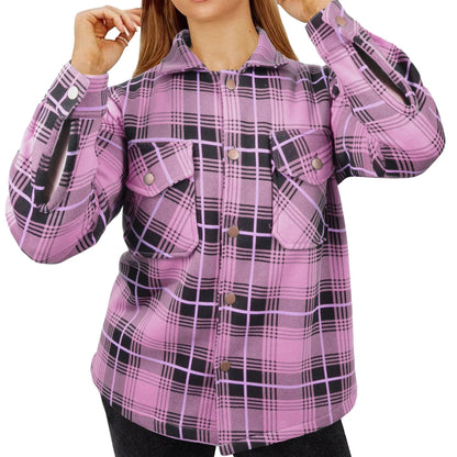 Ladies Shacket Checked Button Down Shirt Jacket Top Oversize Coat For Women