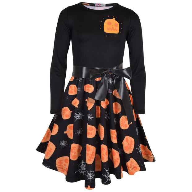 A2Z Kids Girls Skater Dress Long Sleeves Black Panelled Pumpkins Print Soft Comfortable Halloween Party Fashion Dresses Age 5-13 years - A2Z 4 Kids