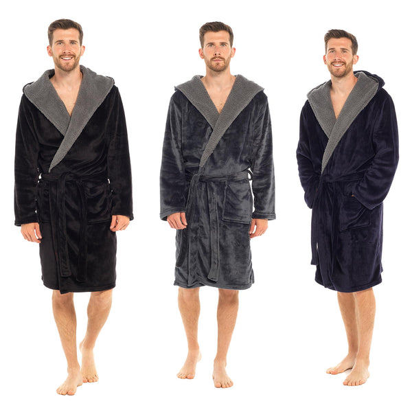 Mens Flannel Fleece Hooded Dressing Gown Sherpa Lined Robe with Belt & Pockets