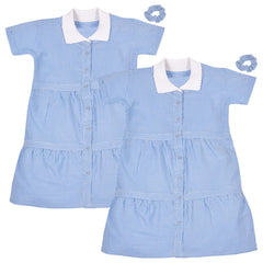 Kids Girls 2 Pack Gingham School Dress Check Button Up Tiered Dresses With Scrunchies