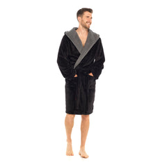 Mens Flannel Fleece Hooded Dressing Gown Sherpa Lined Robe with Belt & Pockets