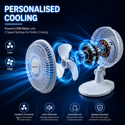 6 Inch Desk Fan White Portable Table Fan with 2 Speed Left and Right Cooling Fan