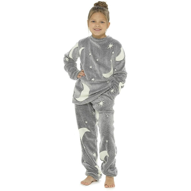 Kids Girls Boys Pyjamas Glow In The Dark Soft Flannel Fleece Sleepwear PJS Set