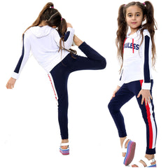 Kids Girls Hooded Tracksuit Top Bottom Navy Flawless Print Tees & Trouser Outfit