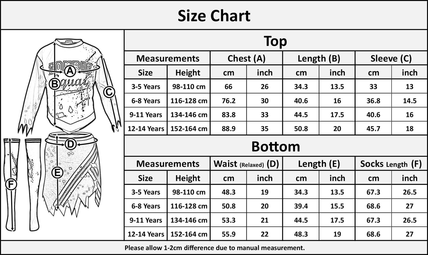 A2Z 4 Kids Girls Zombie Cheerleader Halloween Attire Top Shredded Sleeves Long Bloody Socks Cheerleading Pom Poms Outfit Halloween Parties and Trick or Treating