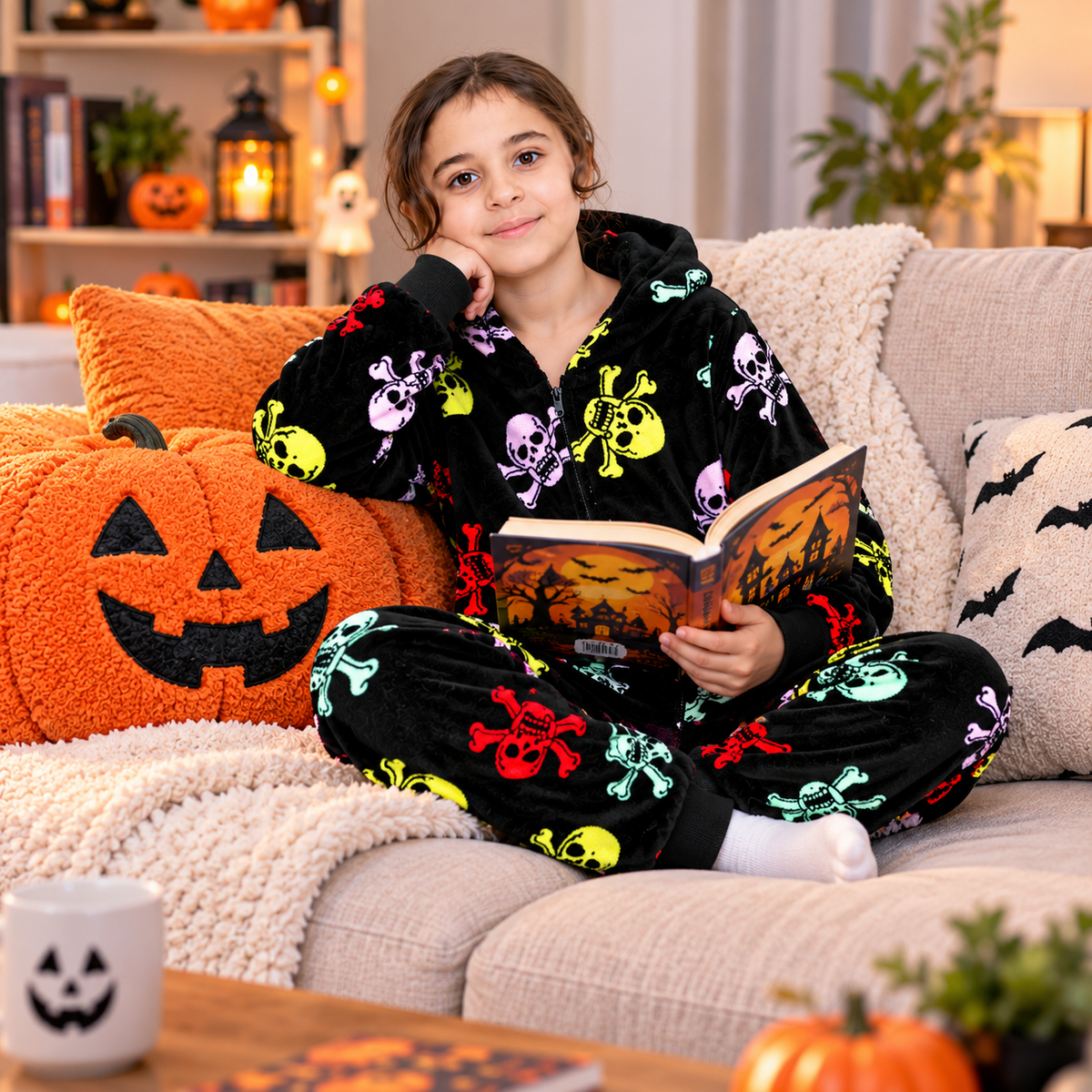 Kids Fun Halloween Skull Bones Print Onesie Pyjama Sets For Girls Boys Jumpsuit