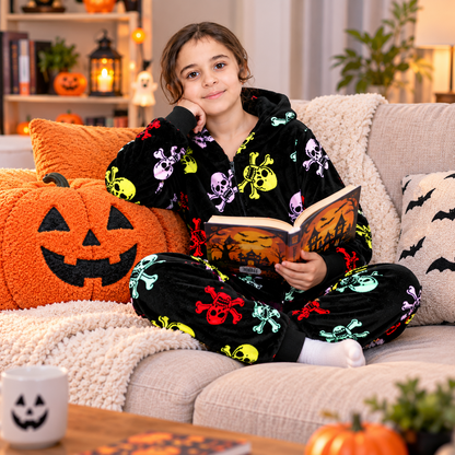 Kids Fun Halloween Skull Bones Print Onesie Pyjama Sets For Girls Boys Jumpsuit